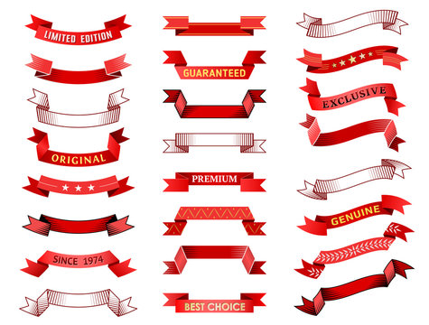 Set of vintage red ribbon banner. Vector collection of ribbon scroll and curled label. Qualitative vector element for design, badges, awards, advertisement, labels, etc