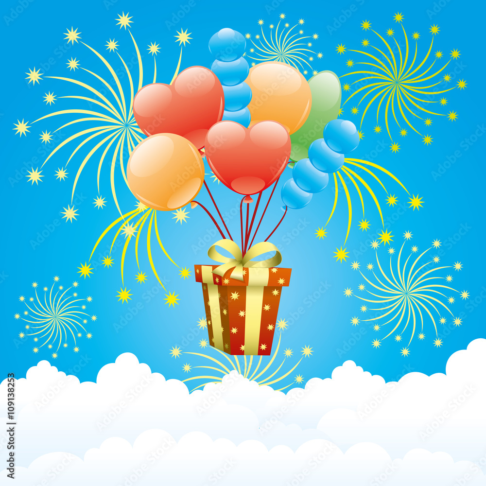 Poster balloons, firework and gift box.