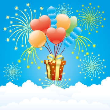 Balloons, firework and gift box.