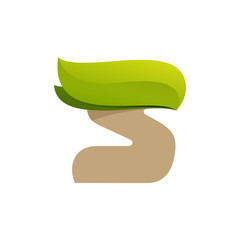 S letter logo with green leaves.