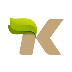 K letter logo with green leaves.