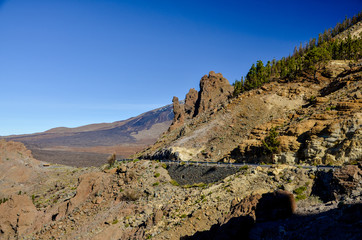 Fototapeta premium Vilaflor road entering Teide Caldera Boca de Chavao, Teide National Park, Tenerife, Canary islands, Spain