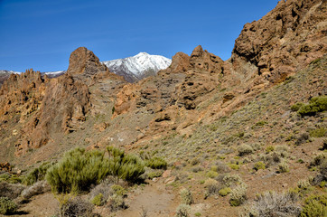 lava rock formations and snow covered peak of Teide volcano
Roques de Garcia, Teide National park, Tenerife, Canary islands, Spain