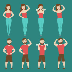 Set with man and woman exercising various different poses training