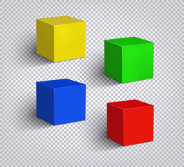 Fototapeta premium Set of multicolored empty cubes on a checkered background. 3D illustration. Isolated objects with soft shadow 