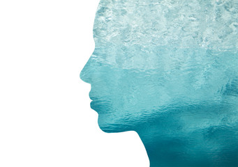 double exposure woman profile with water