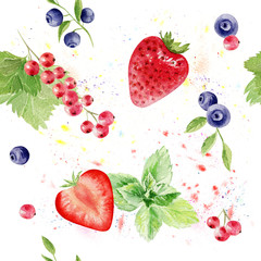 hand painted watercolor seamless pattern with fruits and berries
