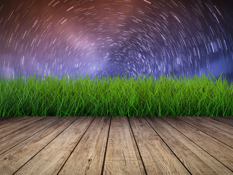 star trails on night sky with wooden floor