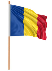 3D Romanian flag with fabric surface texture. White background.