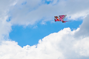 Fototapeta na wymiar Colorful kite in the cloudy sky