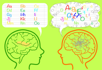 The brain of a dyslexic boy is confused about letters. Vector illustration.