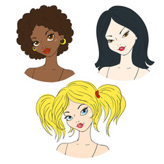 Portraits of girls. Hairstyles. Blonde, brunette. African American, Asian. Vector illustration.
