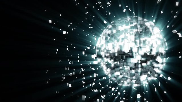 Abstract looped animated background: pulsating and spinning silver-white glow disco ball composed of cubes-crystals with shinny streaks of light, shards of crystals rotating around, reflecting rays