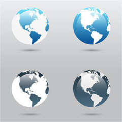 Vector globe icons showing earth with continents South and North America on light grey background