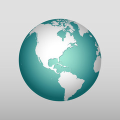 Vector globe icon showing earth with continents South and North America on light grey background