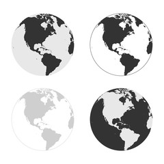 Vector globe icons showing earth with continents South and North America on light grey background