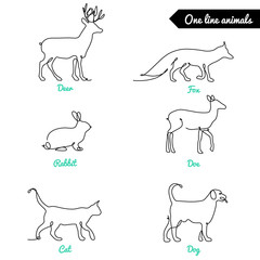 One line animals set, logos / vector stock illustration / deer, rabbit, doe, fox, dog, cat