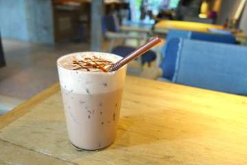 Iced chocolate on table in cafe