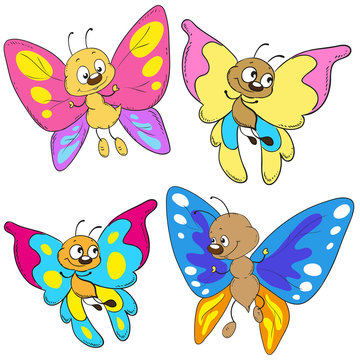 Set of cartoon butterflies. Funny insects.