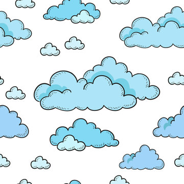 Seamless pattern blue clouds on a white background.
