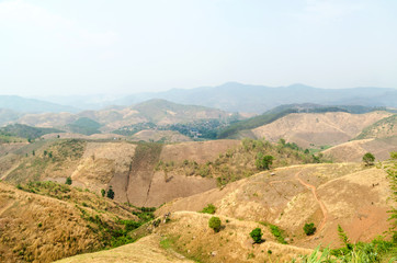 Fototapeta premium disaster dry areas of mountain with wildfire smog in summer Thailand