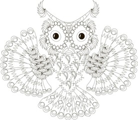 Zentangle stylized flying owl black and white hand drawn, vector illustration