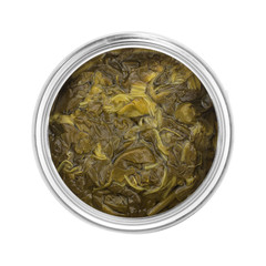Canned spinach in a can on a white background