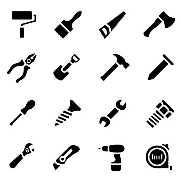 Vector illustration. Icon set of black simple silhouette of work tools in flat design. For info graphic, web banners, promotional materials, presentation templates and your interface