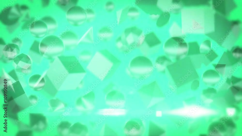 Poster seamless looping animation of transparent objects including lens flares and green background