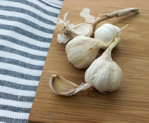 Fresh garlic on black and white checkered cotton napkin and bamb
