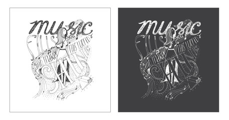 Hand drawn motivating lettering art work, dedicated to music and its meaning in our life. Music fills you, makes this world shine. Isolated on background vector illustration with happy girl, notes