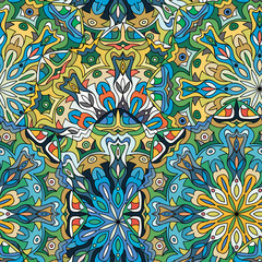 Seamless round pattern for printing on fabric or paper. Hand drawn background. Colored indian ornament. Vector illustration. Elements for your design.  
