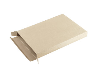 close up open empty brown rectangular flat box isolated on white background, single recycled cardboard paper parcel box for packages delivery