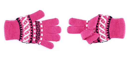 pink winter gloves gesturing sign as rock paper scissors, games of decision
