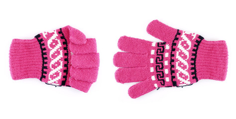pink winter gloves gesturing sign as rock paper scissors, games of decision