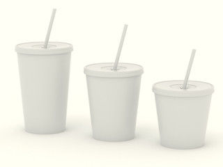 Several different paper cup set with white blank for design. Isolated on background. High resolution 3d illustration