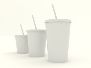 Several different paper cup set with white blank for design. Isolated on background. High resolution 3d illustration