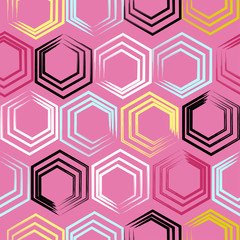 Cute vector geometric seamless pattern. Brush strokes, hexagon. Hand drawn grunge texture. Abstract forms. Endless texture can be used for printing onto fabric or paper