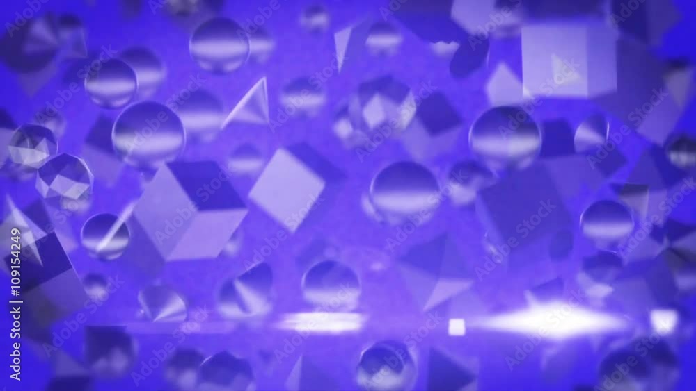 Poster seamless looping animation of transparent objects including lens flares and blue background