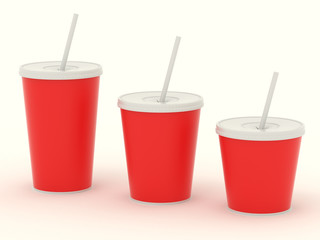 Several different paper cup set with red blank for design. Isolated on background. High resolution 3d illustration