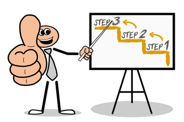 Step1,Step2,Step3 Mann hält Daumen hoch