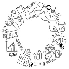 Vector set of doodle business icons on white paper