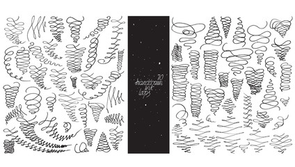 Set of 70 loop flourishes, made with hand, nib and liquid ink, freehand, ornated in different directions. Vector black and white illustration, good for creative designs, drawn with imperfections.
