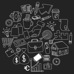 Vector set of doodle business icons on blackboard