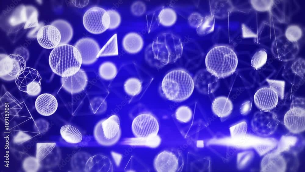 Poster seamless looping animation of transparent wireframe objects including lens flares and blue backgroun