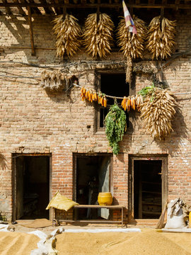 House with corn cobs hanged to dry in Bungamati, Nepal