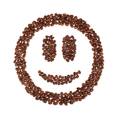 Smile shaped coffee beans isolated on white background