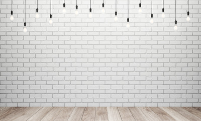 Retro light bulbs in interior with white brick wall and wooden floor. 3D rendering