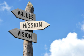 Values, mission, vision signpost - obrazy, fototapety, plakaty