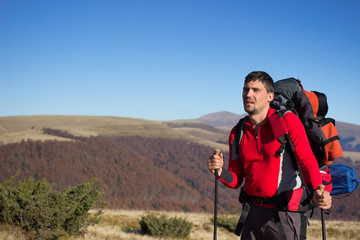 Hiker trekking in the mountains.